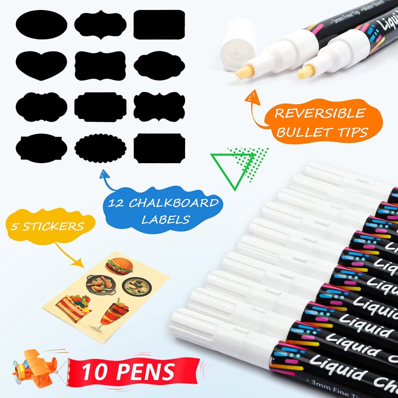 Tebik White Liquid Chalk Markers Set, Pack of 10 White Chalkboard Paint Pens with 12 Chalkboard Labels, 5 Stickers, Perfect for Chalkboards, Bistro Boards, Glass and Metal - Image 3